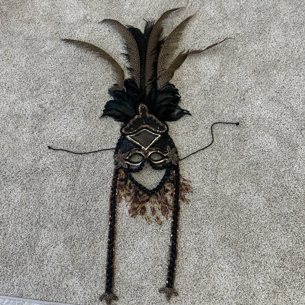 Gypsy Renaissance Black Feather Masquerade Mask Bead Garland Gothic Boho Big 48"